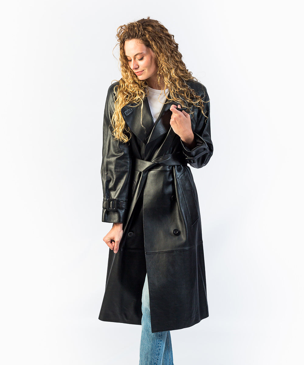 Gabardina De Matriz De Cuero Para Mujer, Abrigo Largo