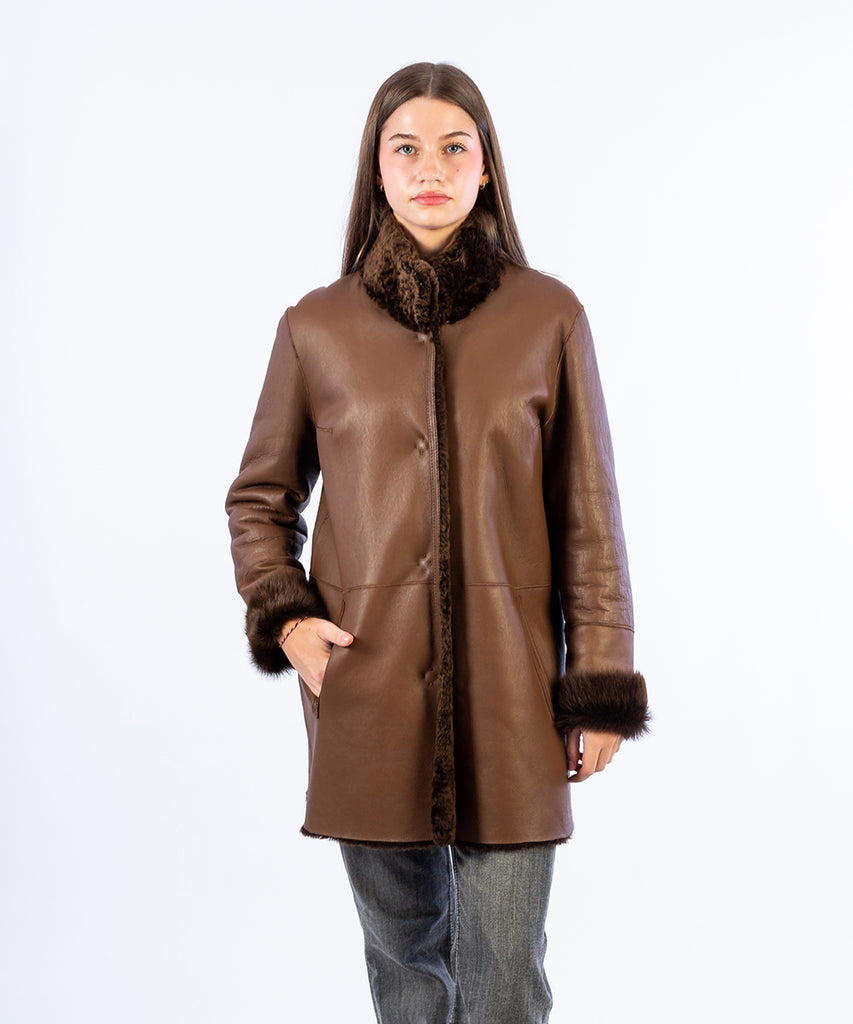 Abrigo piel doble faz reversible clásico marrón