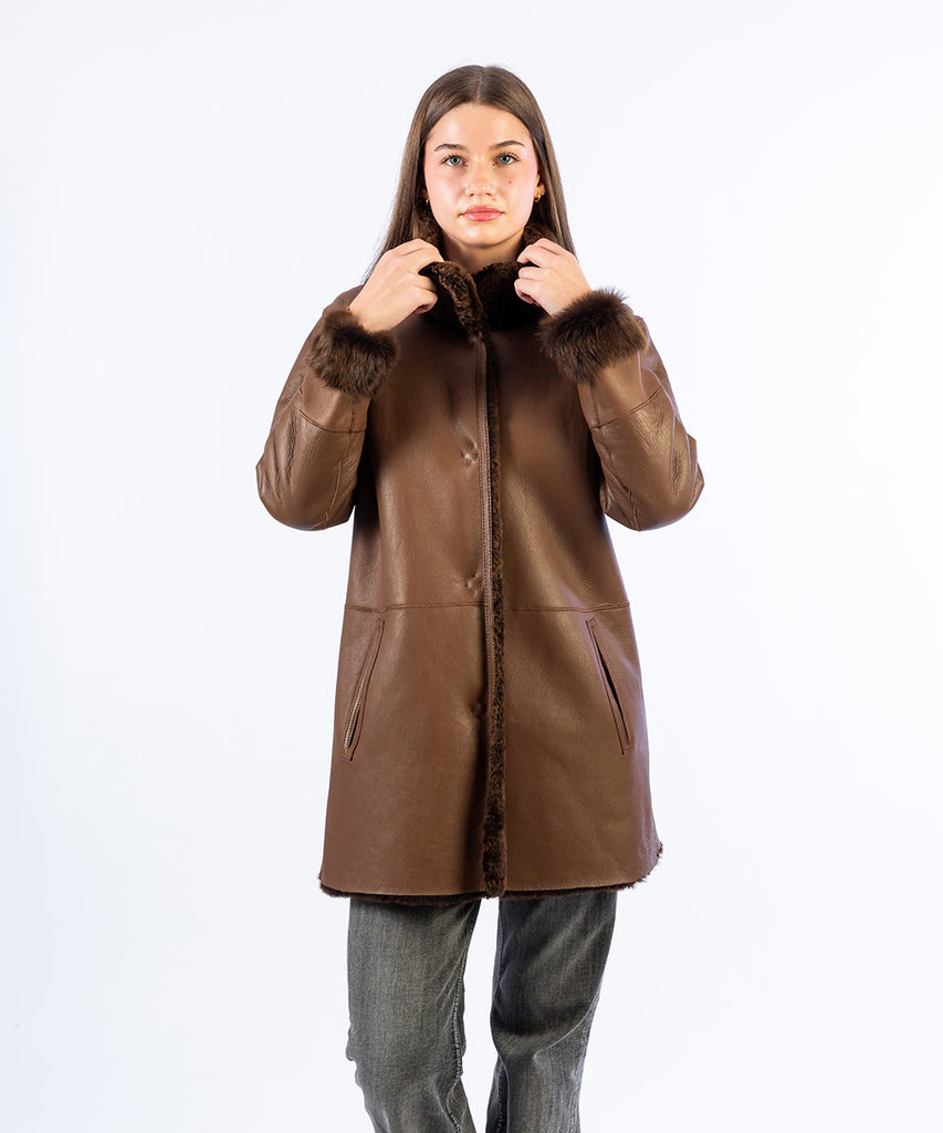Abrigo piel doble faz reversible clásico marrón