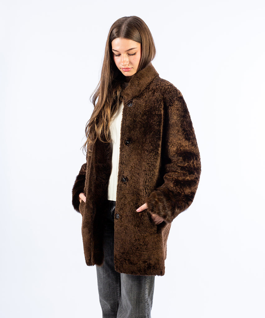 Abrigo piel doble faz reversible clásico marrón