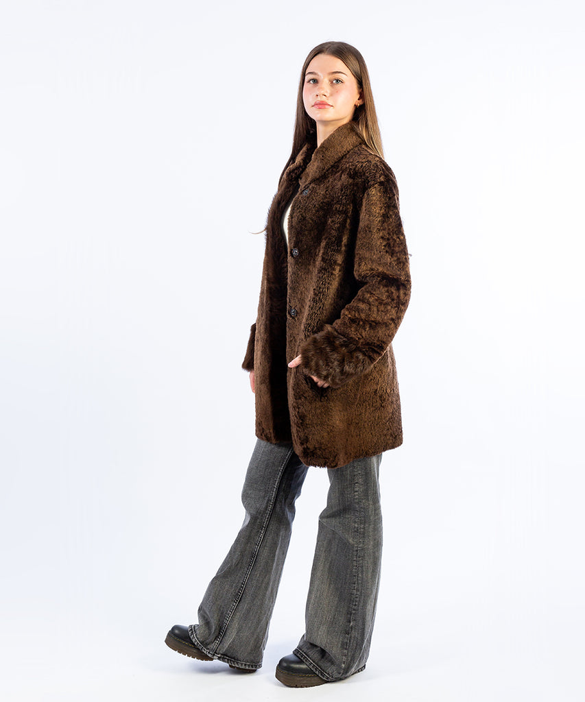 Abrigo piel doble faz reversible clásico marrón