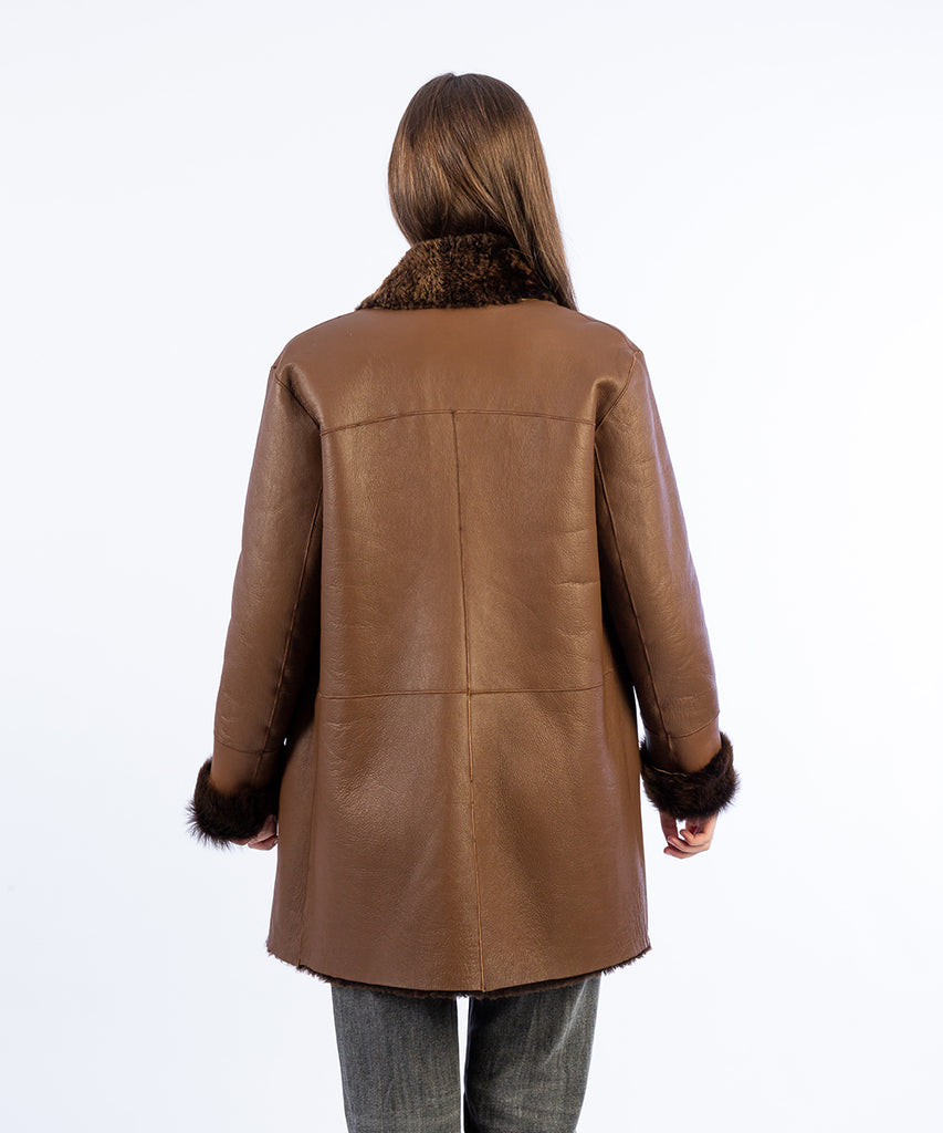 Abrigo piel doble faz reversible clásico marrón