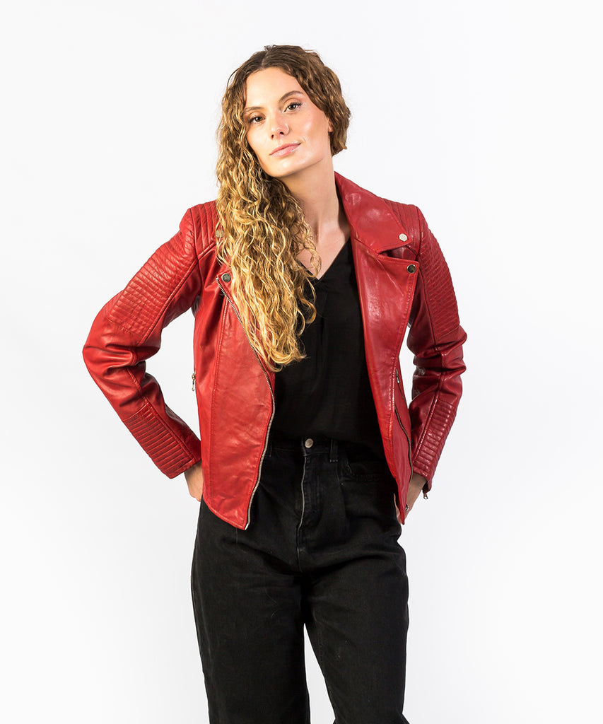 Cazadora biker en napa roja