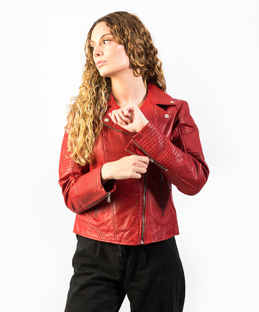 Cazadora biker en napa roja