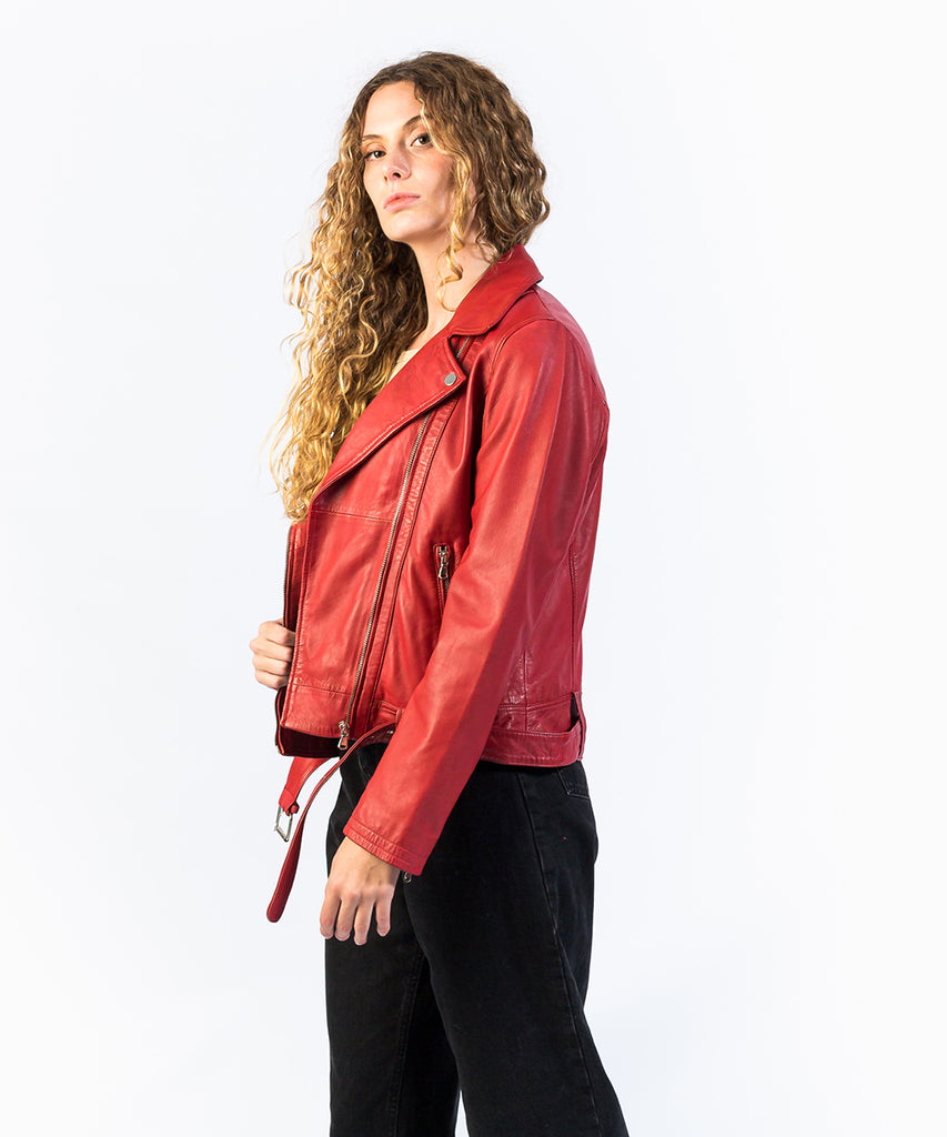 Cazadora biker piel roja