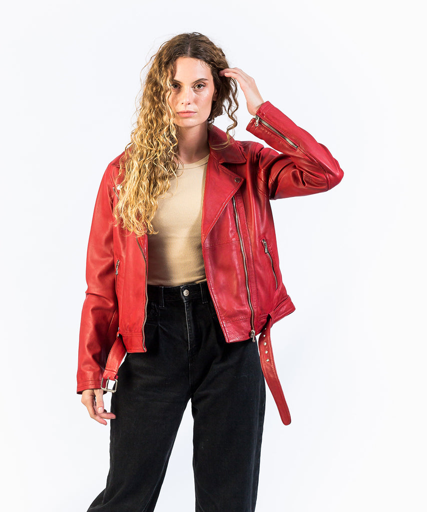 Cazadora biker piel roja