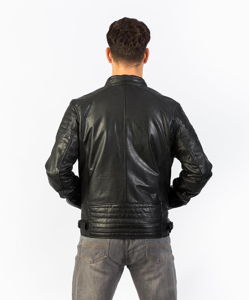 Cazadora piel negra cuello tira