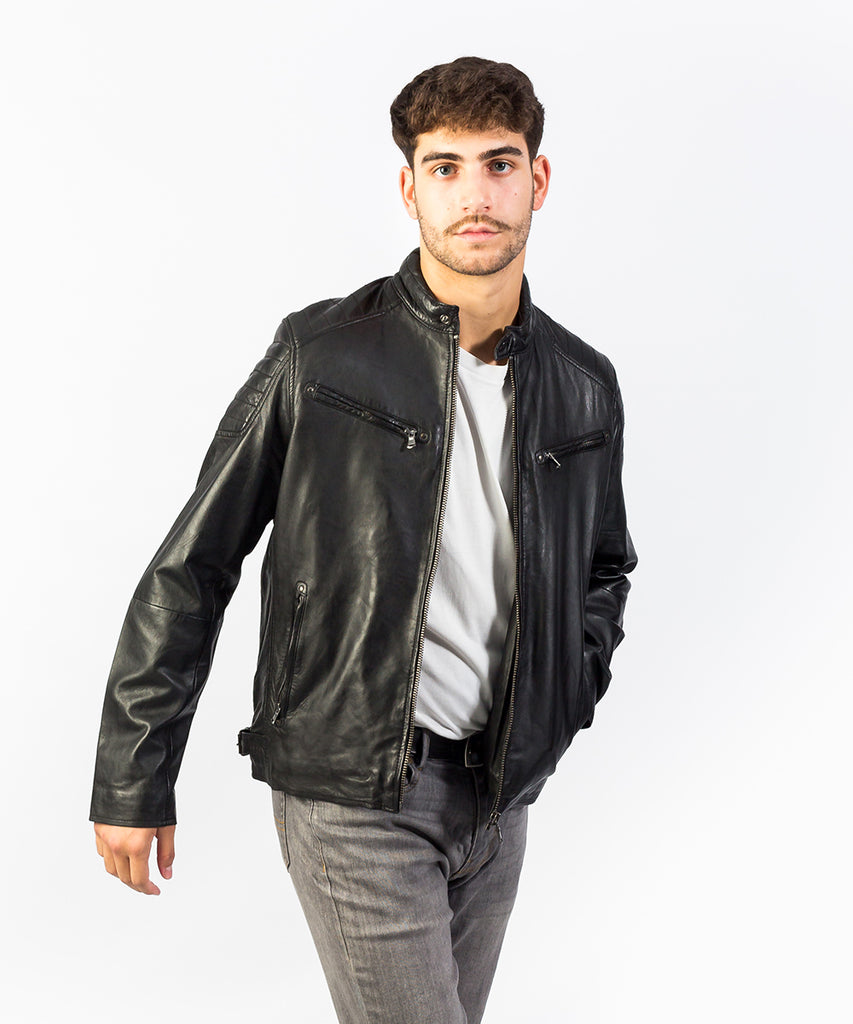 Cazadora piel negra cuello tira