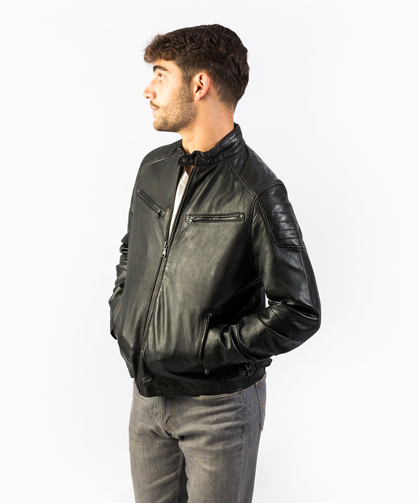 Cazadora piel negra cuello tira