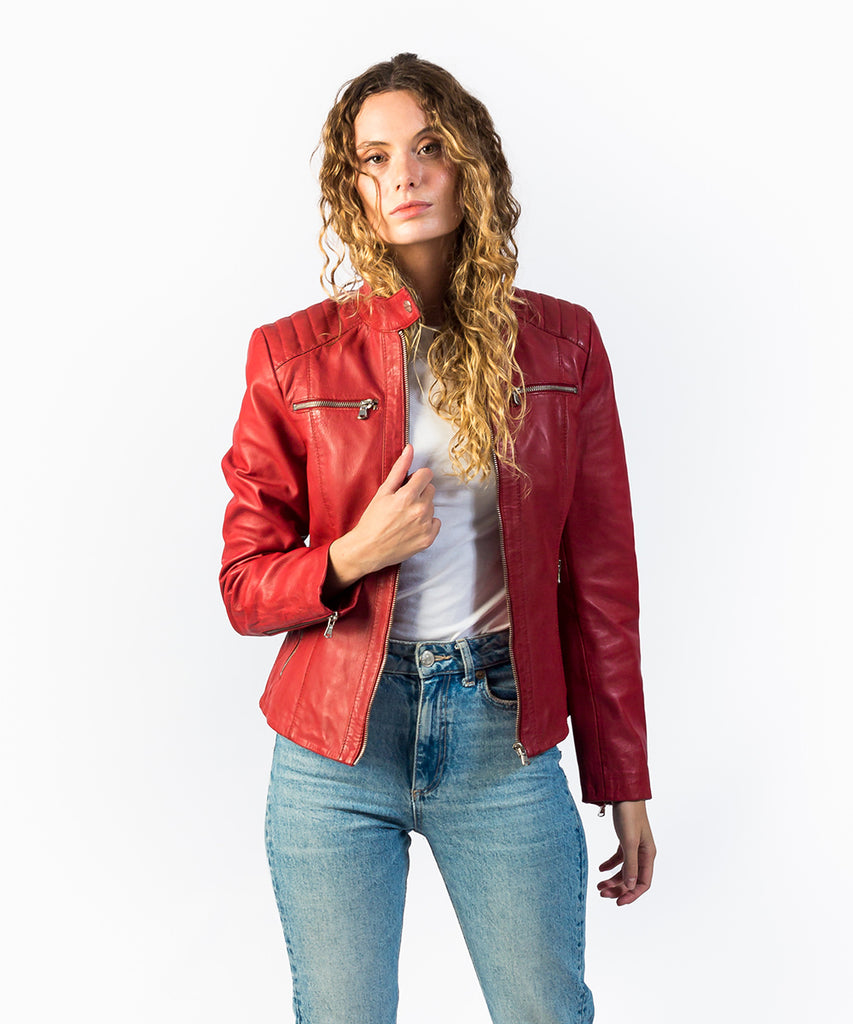 Cazadora napa roja cuello tira