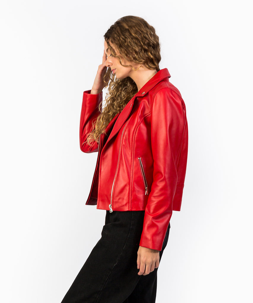 Cazadora piel estilo biker rojo