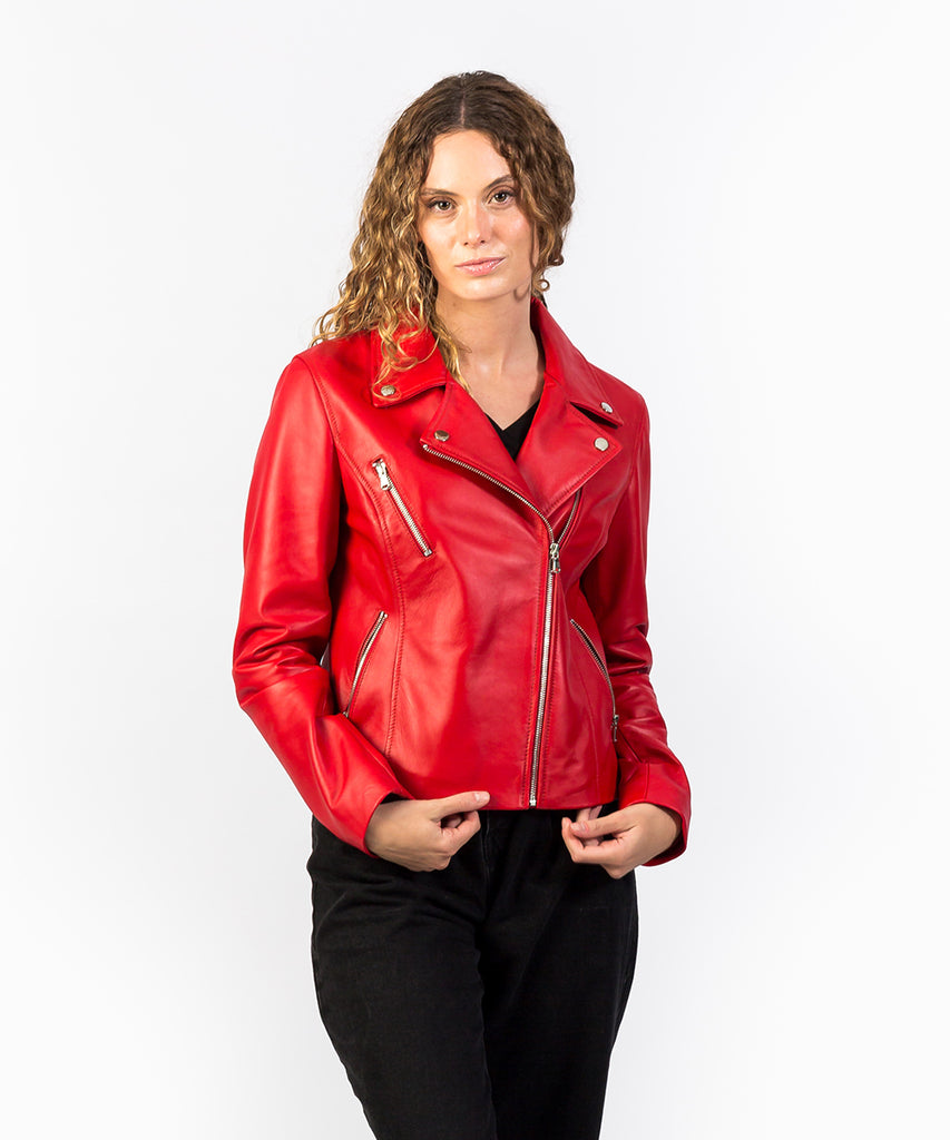 Cazadora piel estilo biker rojo