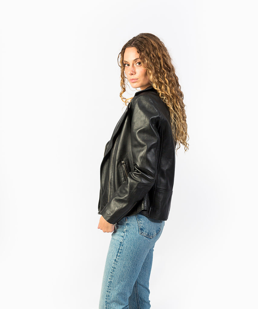 Cazadora piel estilo biker larga negro