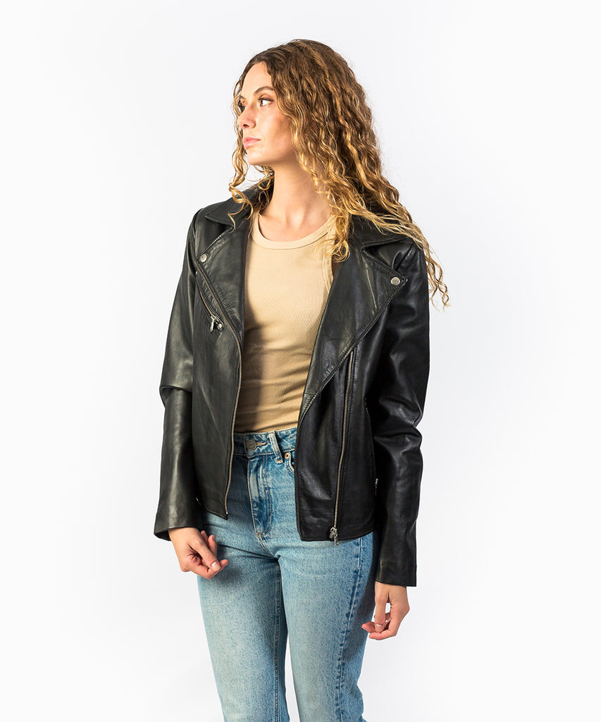 Cazadora piel estilo biker larga negro