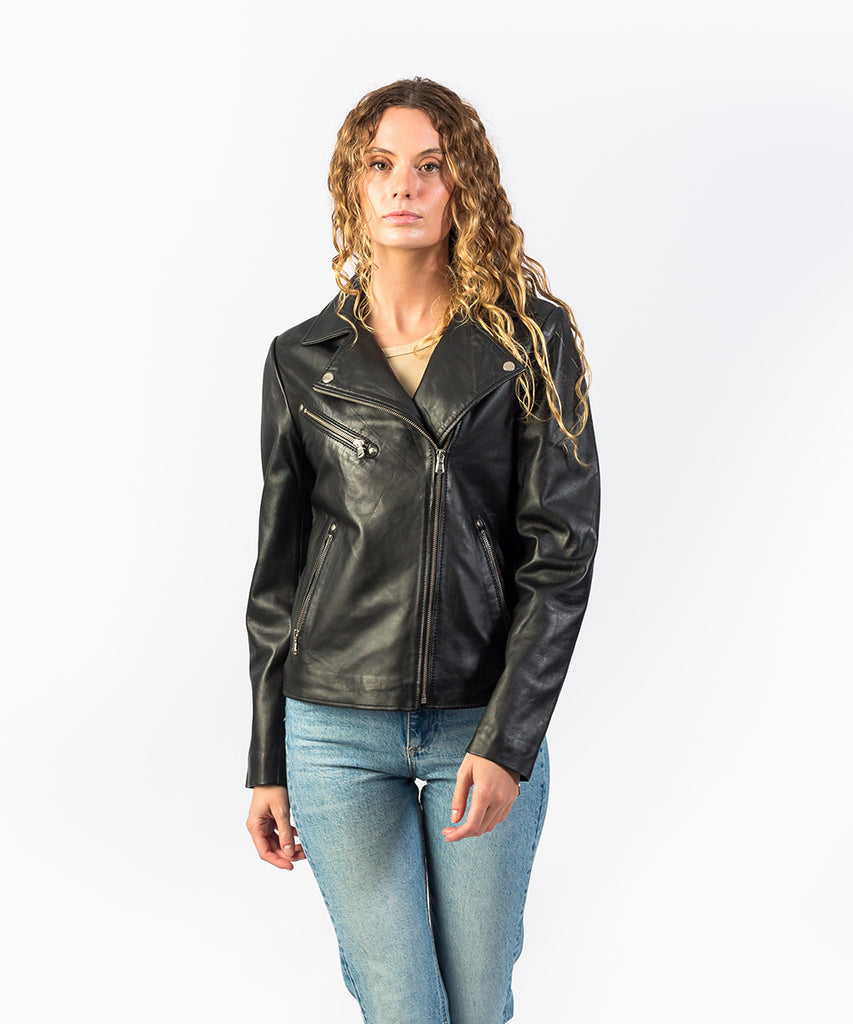 Cazadora piel estilo biker larga negro