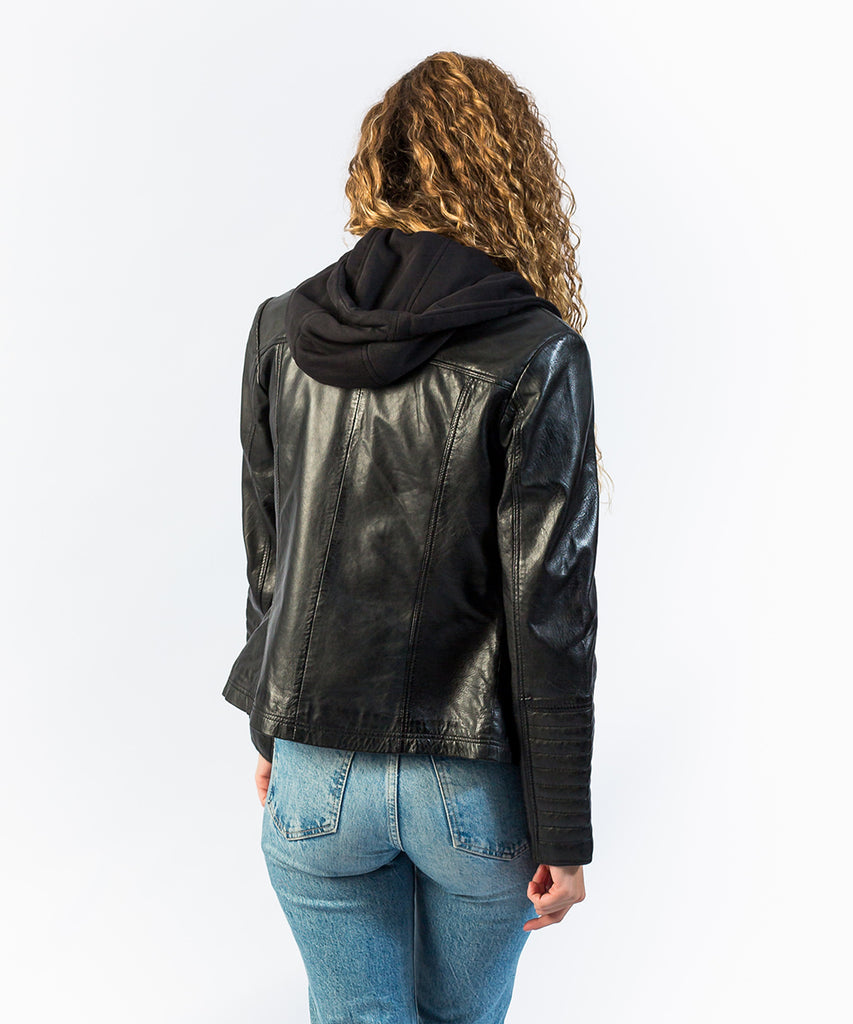 Cazadora piel negro capucha desmontable