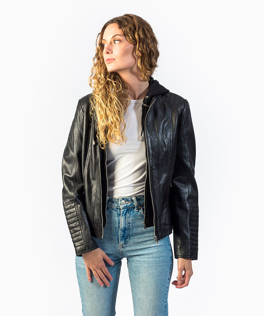 Cazadora piel negro capucha desmontable