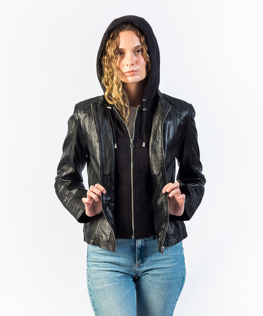 Cazadora piel negro capucha desmontable