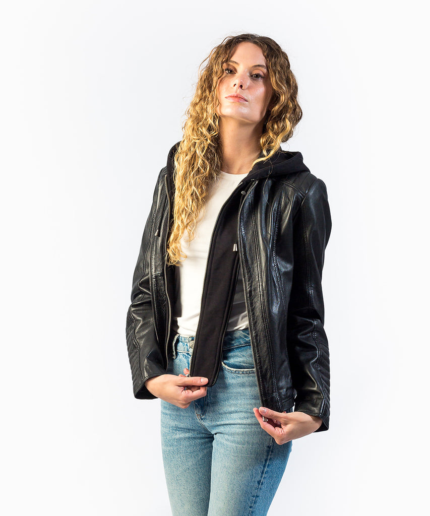 Cazadora piel negro capucha desmontable