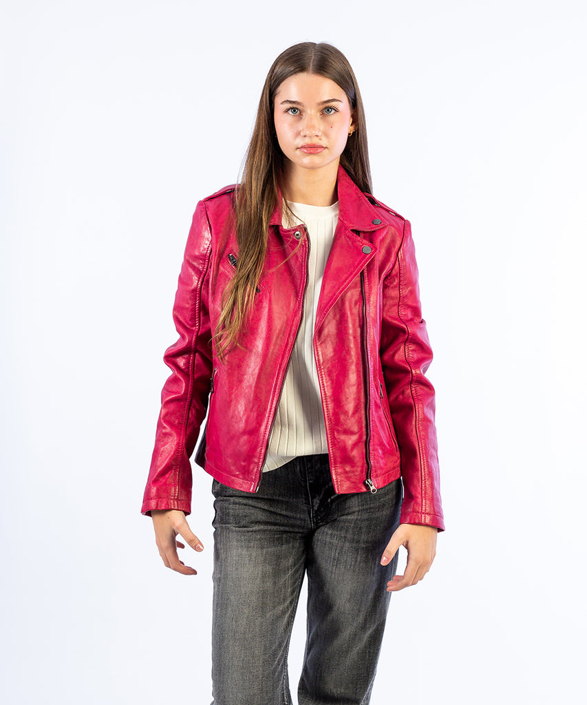 Cazadora tipo biker piel rosa