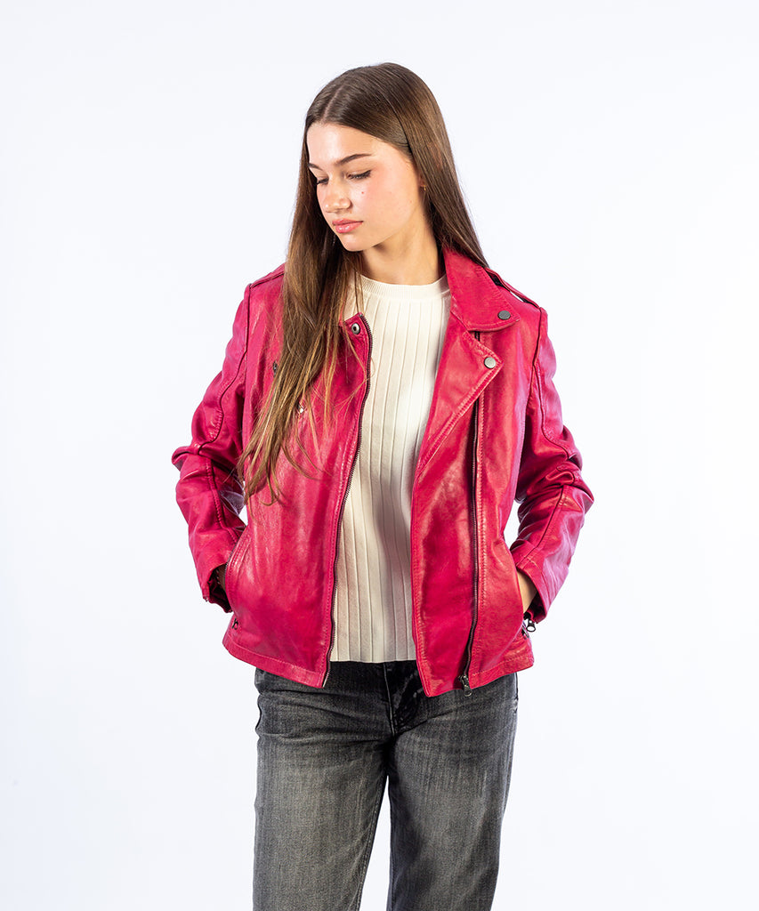 Cazadora tipo biker piel rosa