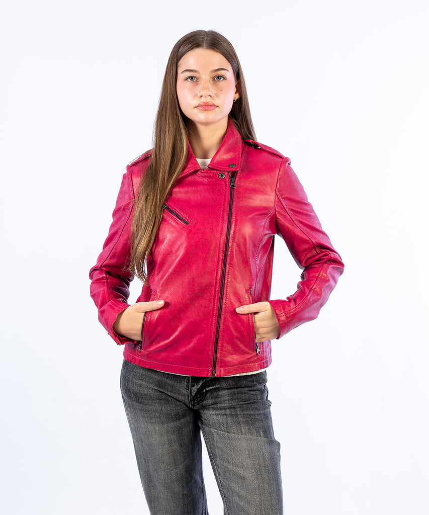 Cazadora tipo biker piel rosa
