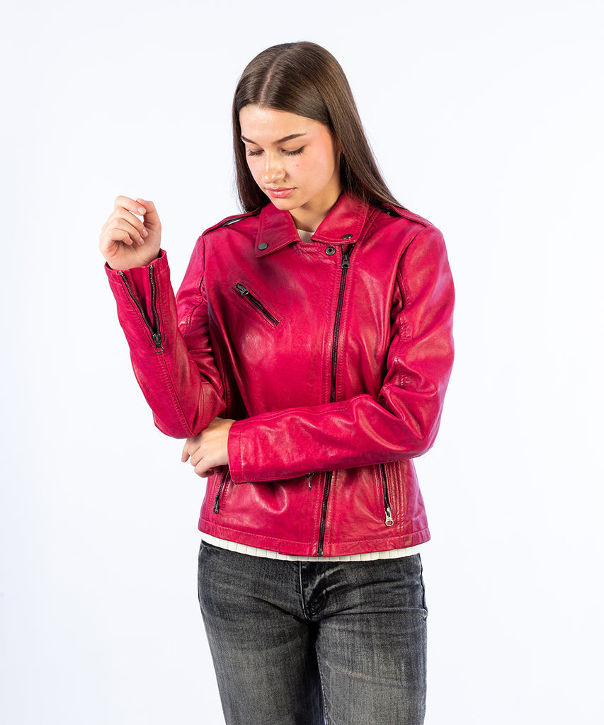 Cazadora tipo biker piel rosa