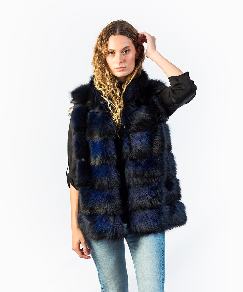 Chaleco piel azul pelo zorro