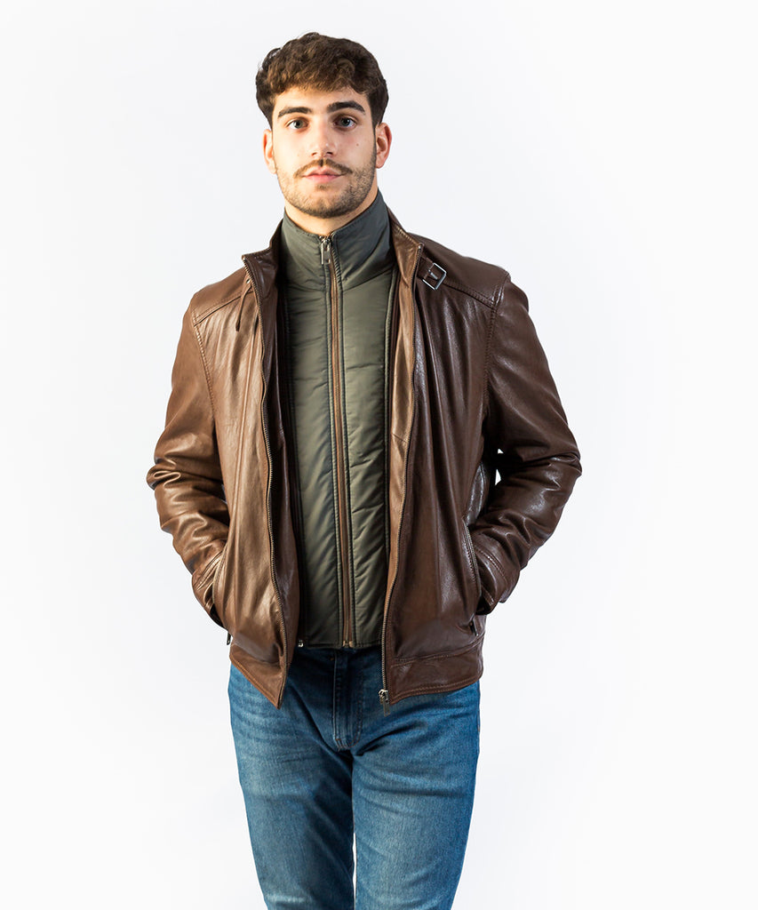 Chaqueta piel marrón detalle chaleco