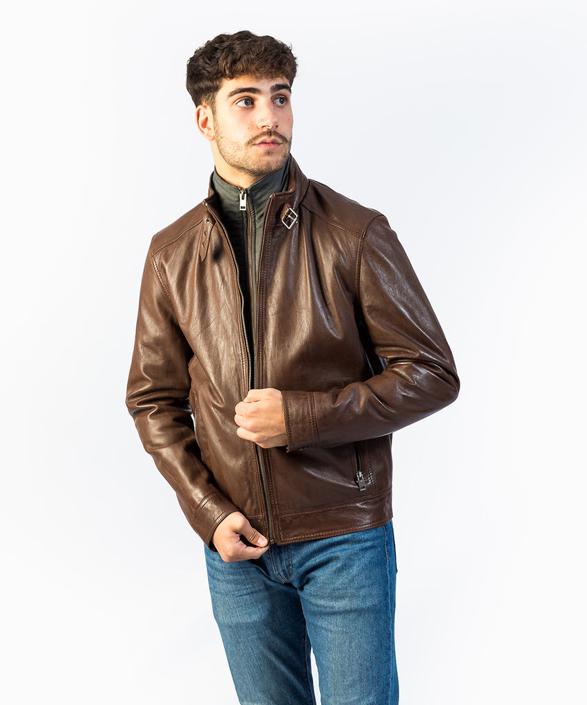 Chaqueta piel marrón detalle chaleco