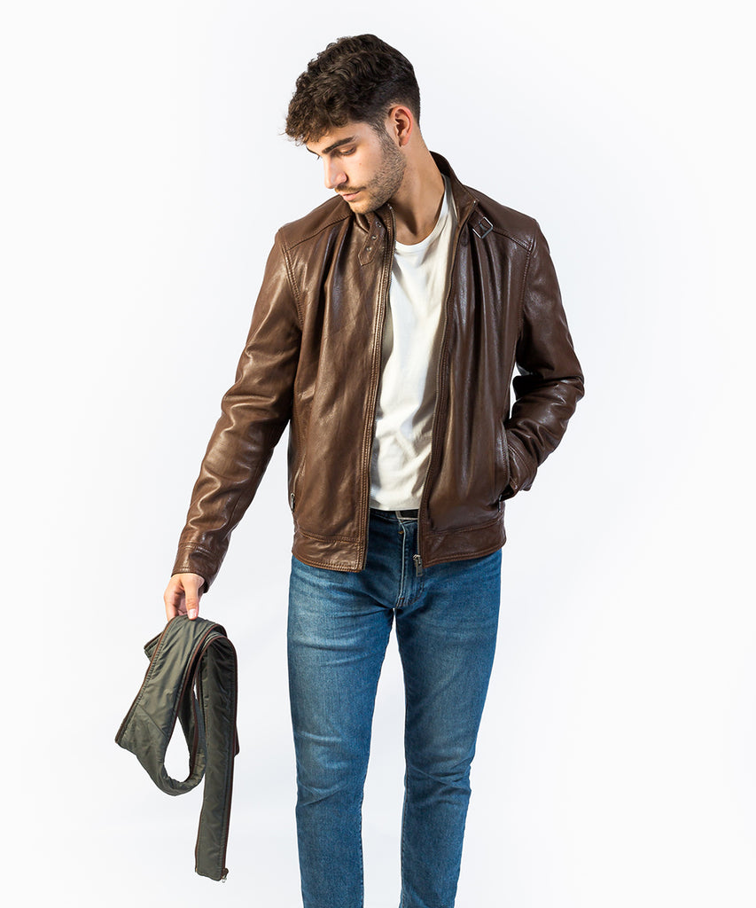 Chaqueta piel marrón detalle chaleco