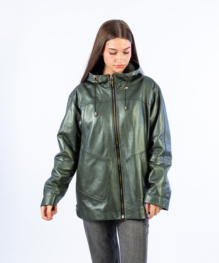 Chaqueta piel oversize verde textura