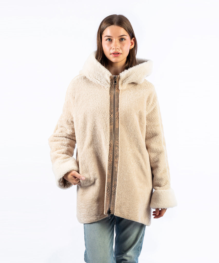 Chaqueta piel vuelta beige reversible franja relieve