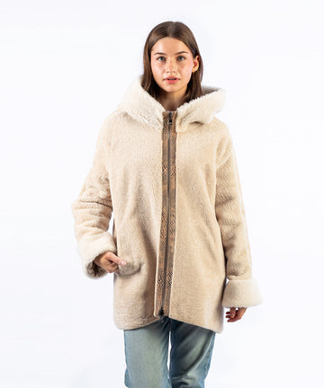 Chaqueta piel vuelta beige reversible franja relieve