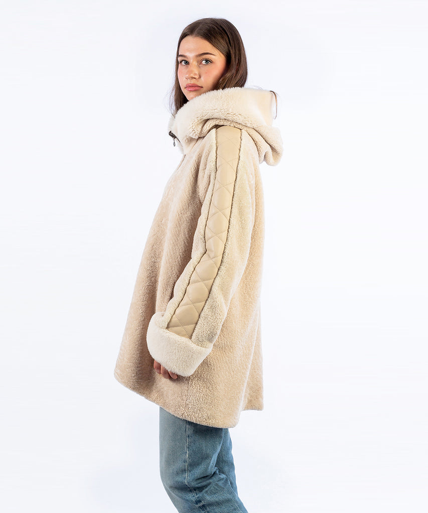 Chaqueta piel vuelta beige reversible franja relieve