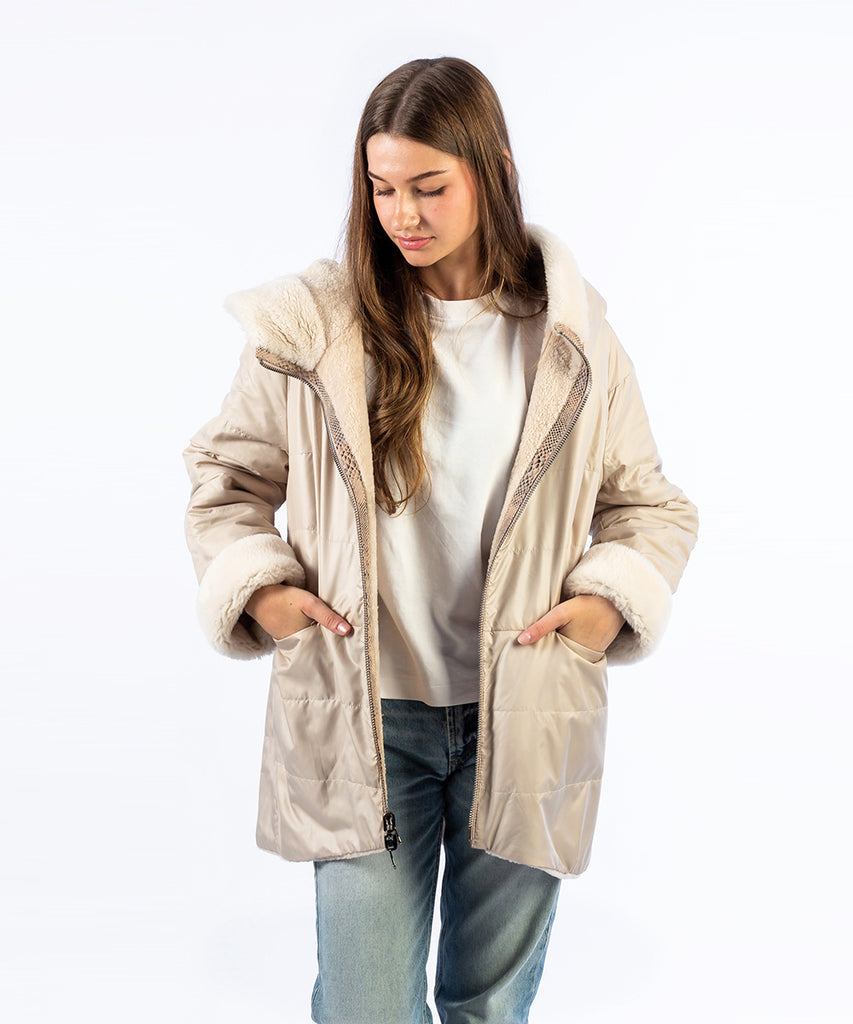 Chaqueta piel vuelta beige reversible franja relieve