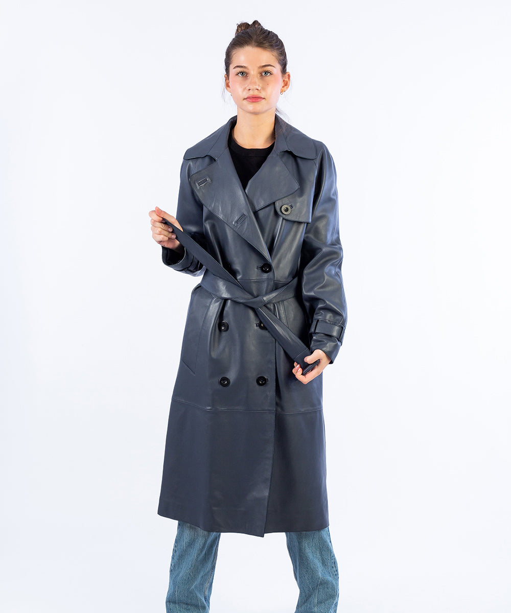Classic blue leather trench coat – HervásPiel