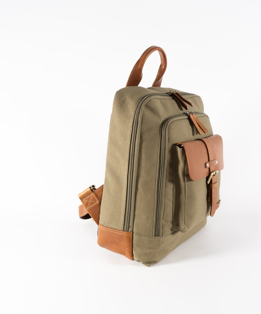 Mochila combinada loneta verde con piel 