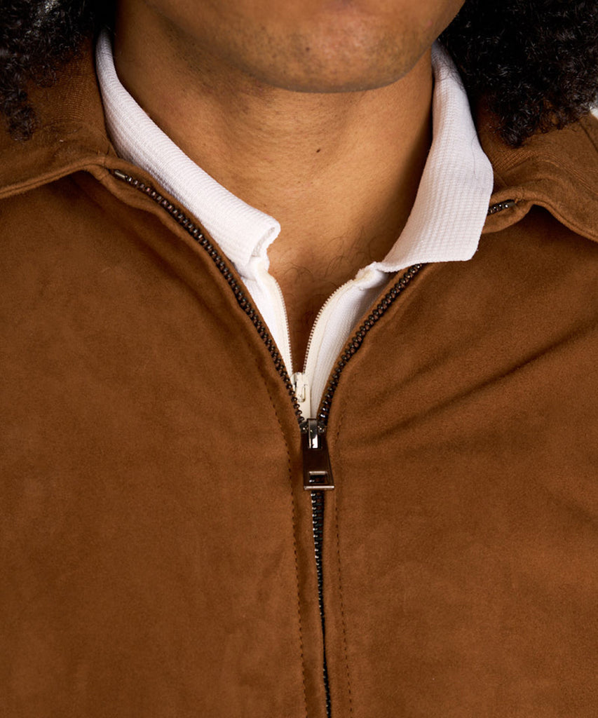 Cazadora de piel ante camel para hombre, cierre de cremallera frontal