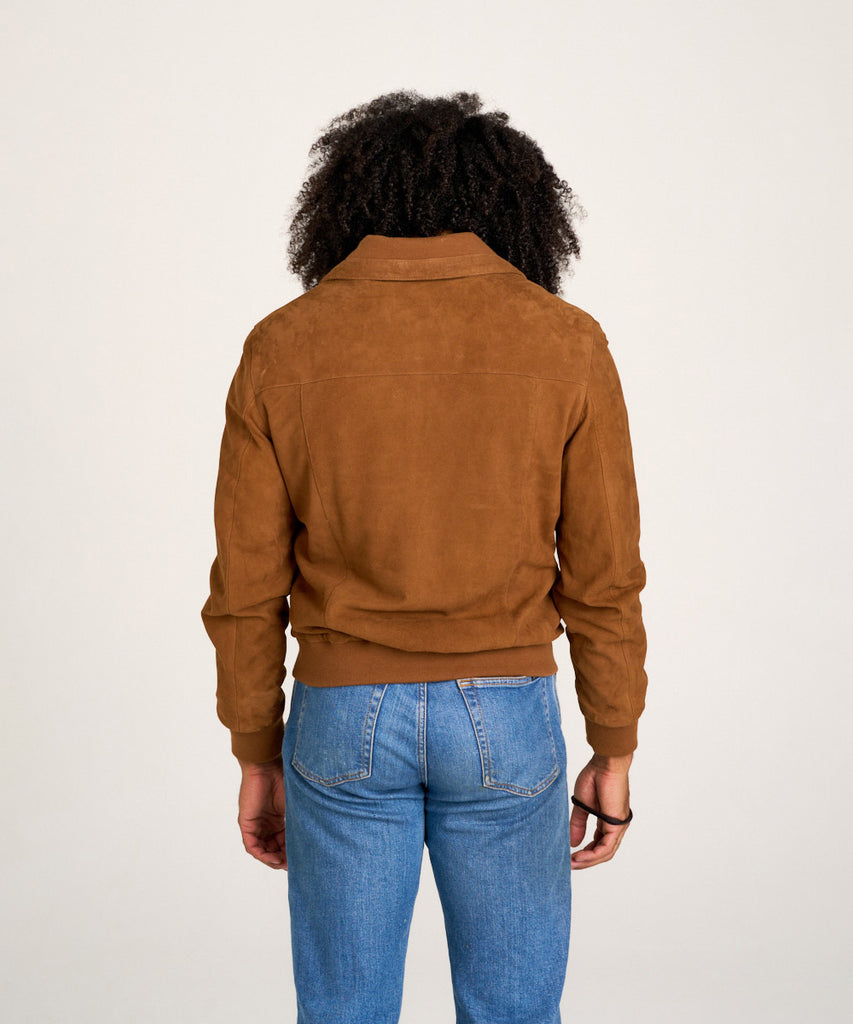 Cazadora de piel ante camel para hombre, cierre de cremallera frontal