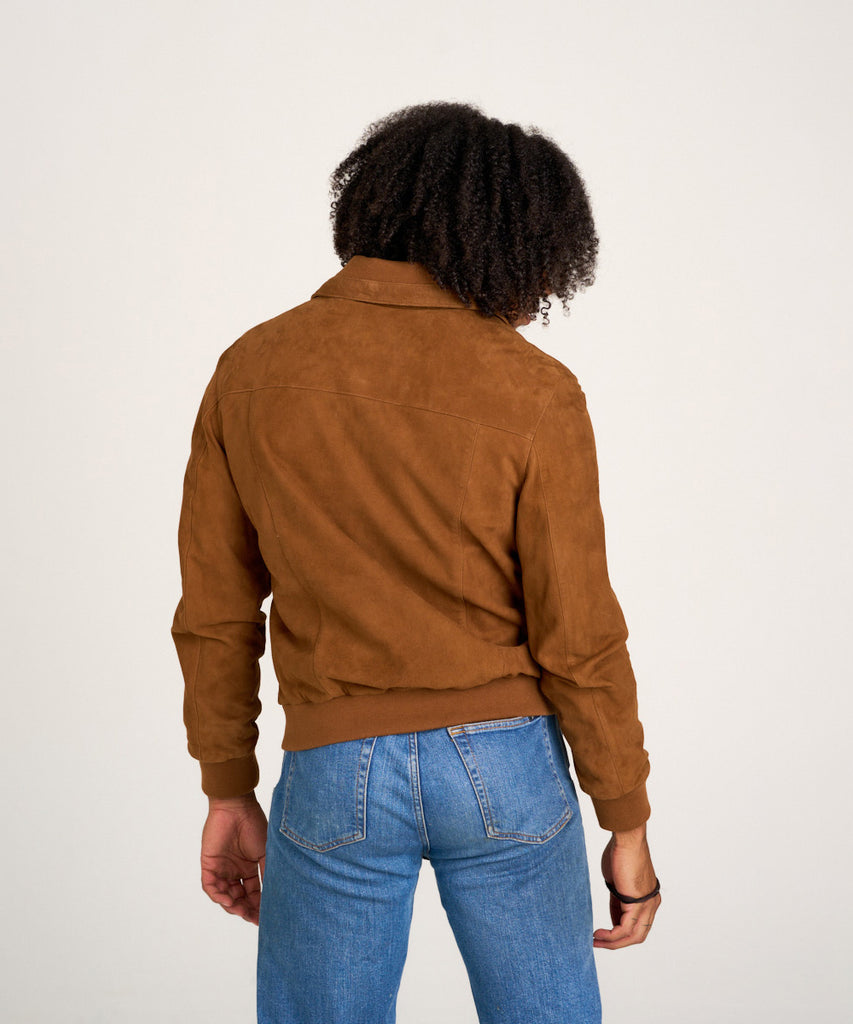 Cazadora de piel ante camel para hombre, cierre de cremallera frontal