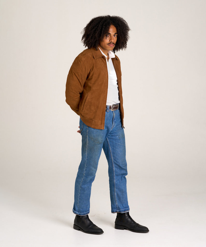 Cazadora de piel ante camel para hombre, cierre de cremallera frontal