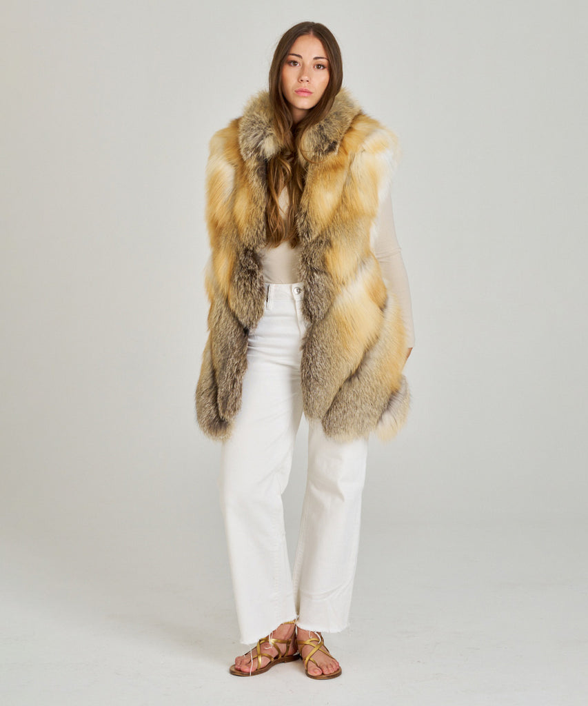 Chaleco largo de piel de pelo de zorro natural en tonos dorados