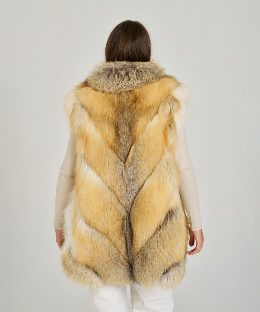 Chaleco largo de piel de pelo de zorro natural en tonos dorados