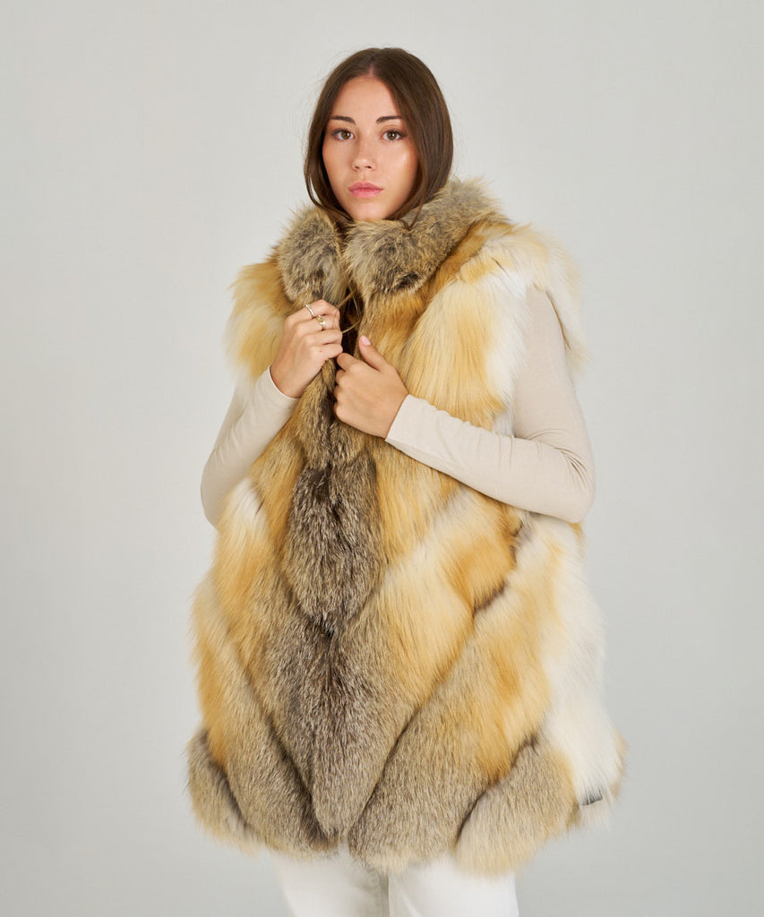 Chaleco largo de piel de pelo de zorro natural en tonos dorados