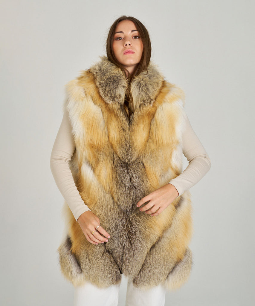 Chaleco largo de piel de pelo de zorro natural en tonos dorados