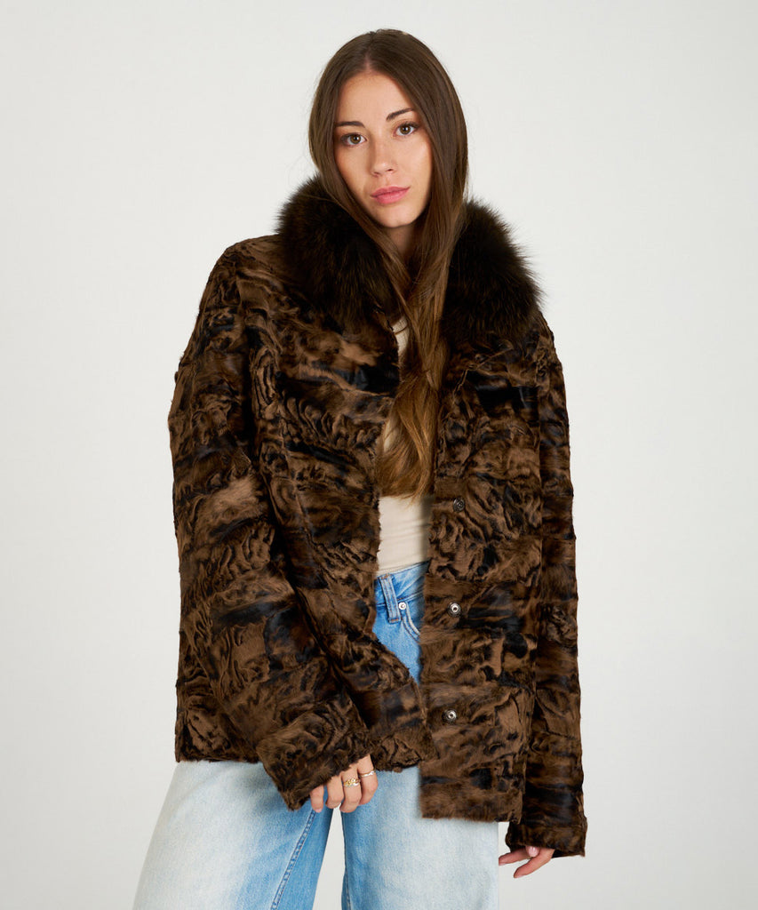 Chaqueta piel de pelo marrón cuello de zorro