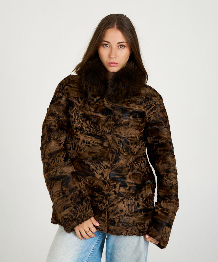 Chaqueta piel de pelo marrón cuello de zorro