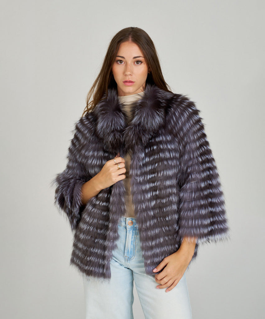 Chaqueta piel de pelo de zorro encintado gris azulado de HervásPiel