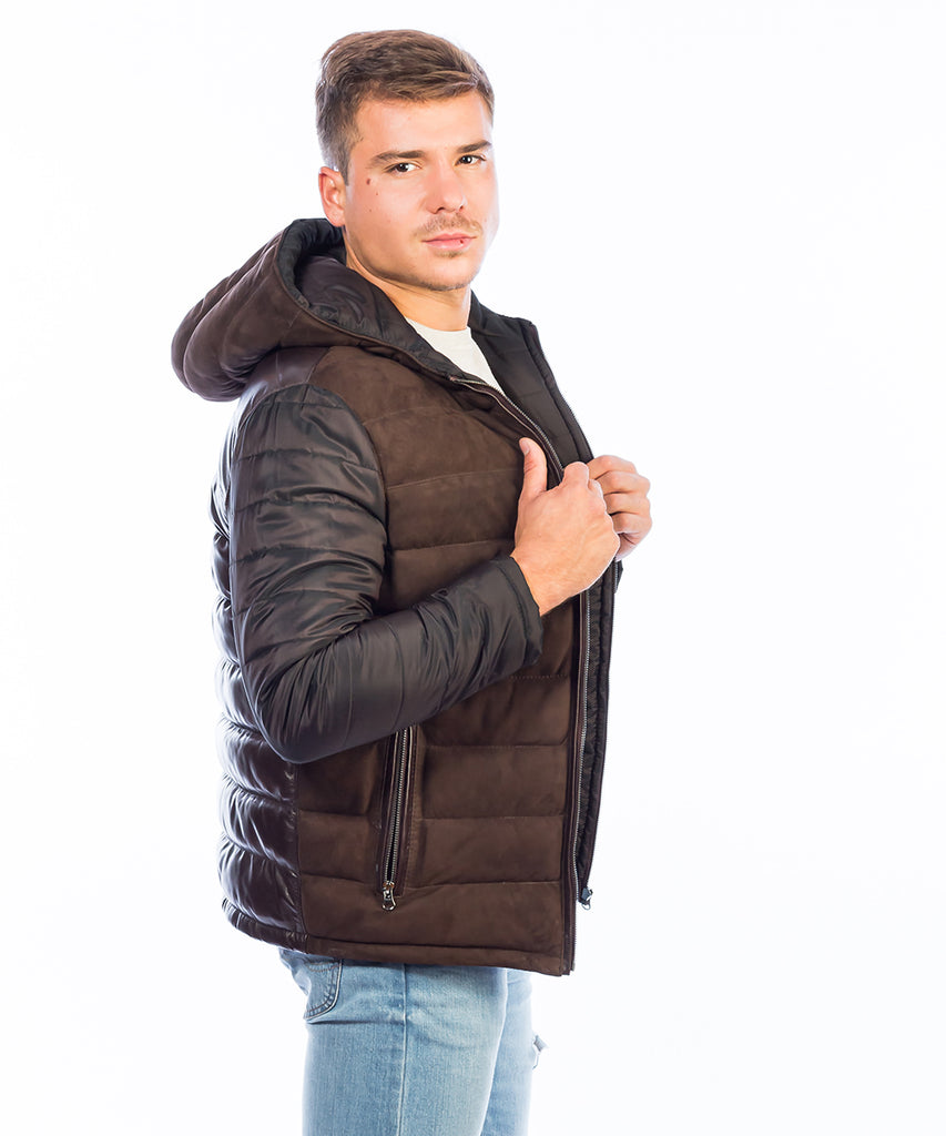 Cazadora combinada de piel para hombre